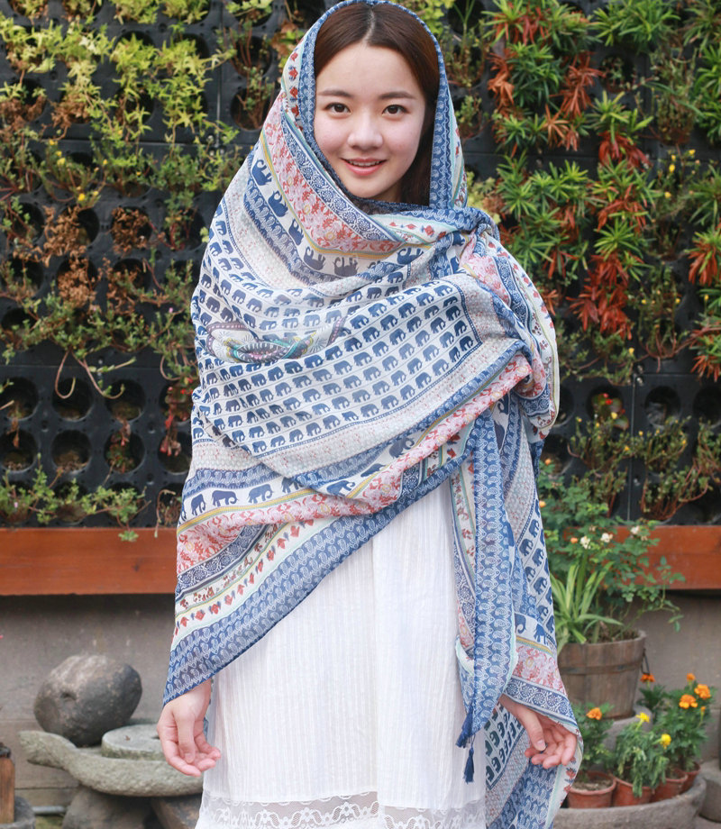 2019春夏新款棉質圍巾複古民族風幾何印花絲巾挂須度假沙灘遮陽巾