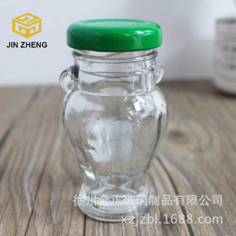 绿色马口铁盖异形蜂蜜瓶 60毫升双耳果酱玻璃瓶  厂家定制