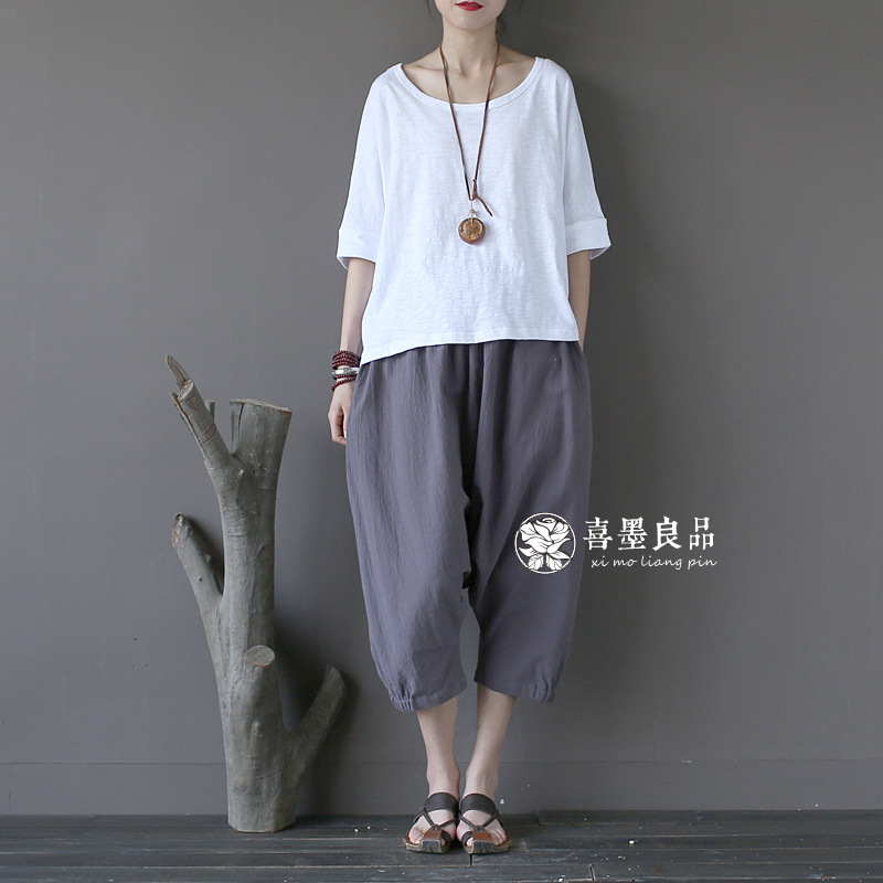 1650 Xi Mo Original Artistic Casual All-match Organic Slub Cotton Loose Front Short Back Long Mid-sleeve Women's Top T-shirt