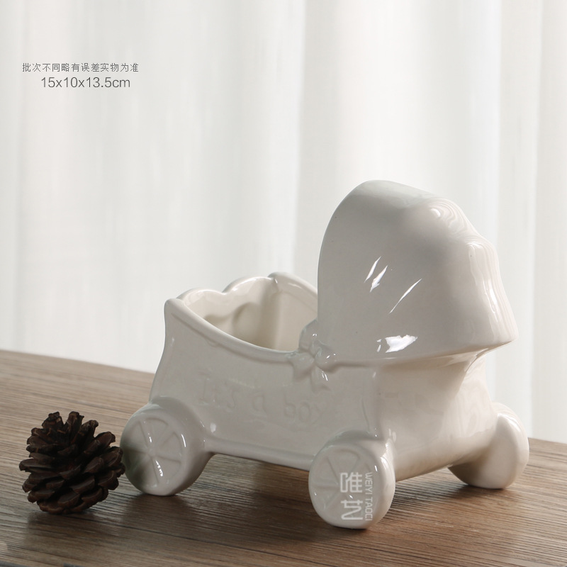 Blanco porcelana coche maceta zakka cerámica suculento maceta bebé carro artesanía decoración del hogar 2611