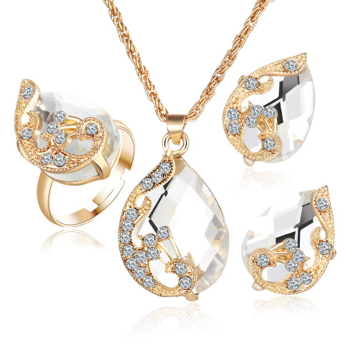 Wholesale Genuine Gold Plated Austrian Crystal Teardrop Peacock Three-Piece Set Earrings Necklace Ring Set for Women