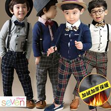 秋冬保暖新款儿童礼服四件套男童长袖加绒加厚中大花童背带裤套装