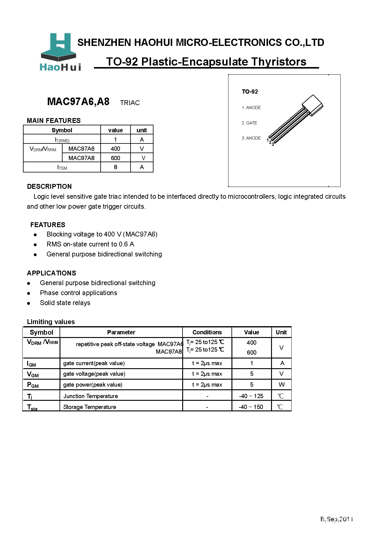 厂家供应插件MAC97A6   TO-92可控硅