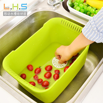[现货]创意厨房移动水槽 蔬菜水果清洗收纳篮 塑料沥水洗菜盆|ru