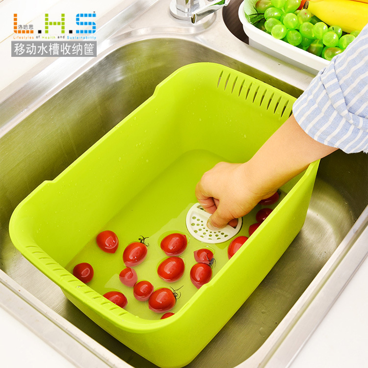 [现货]创意厨房移动水槽 蔬菜水果清洗收纳篮 塑料沥水洗菜盆|ru