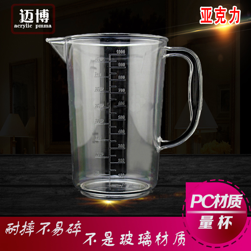 Taza de medición de plástico de PC acrílico con escala y mango hervidor solución transparente taza de mililitro para cocina al por mayor
