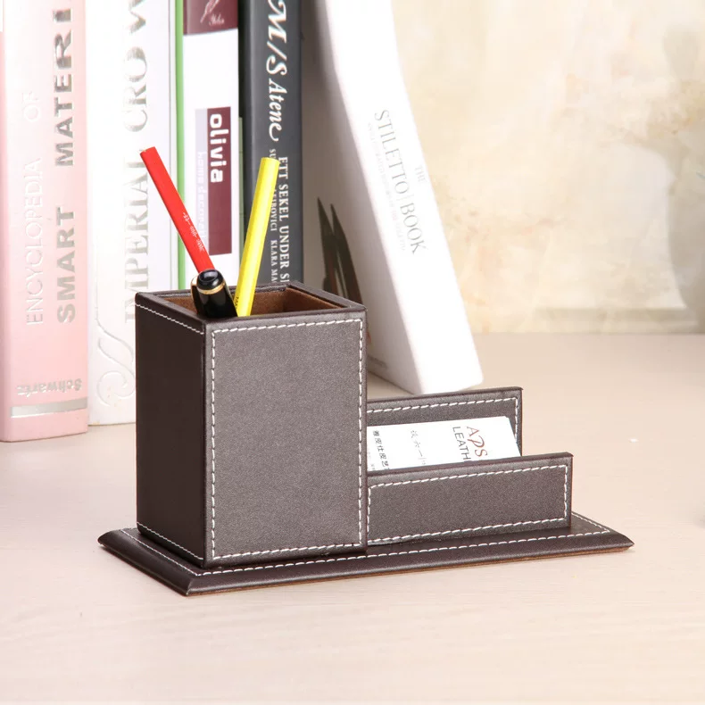 Wooden desk office pen holder with personalized name card holder, multi-purpose creative PU leather pen cup, factory