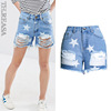 Hole shorts stars print raw hair trend street shot denim shorts