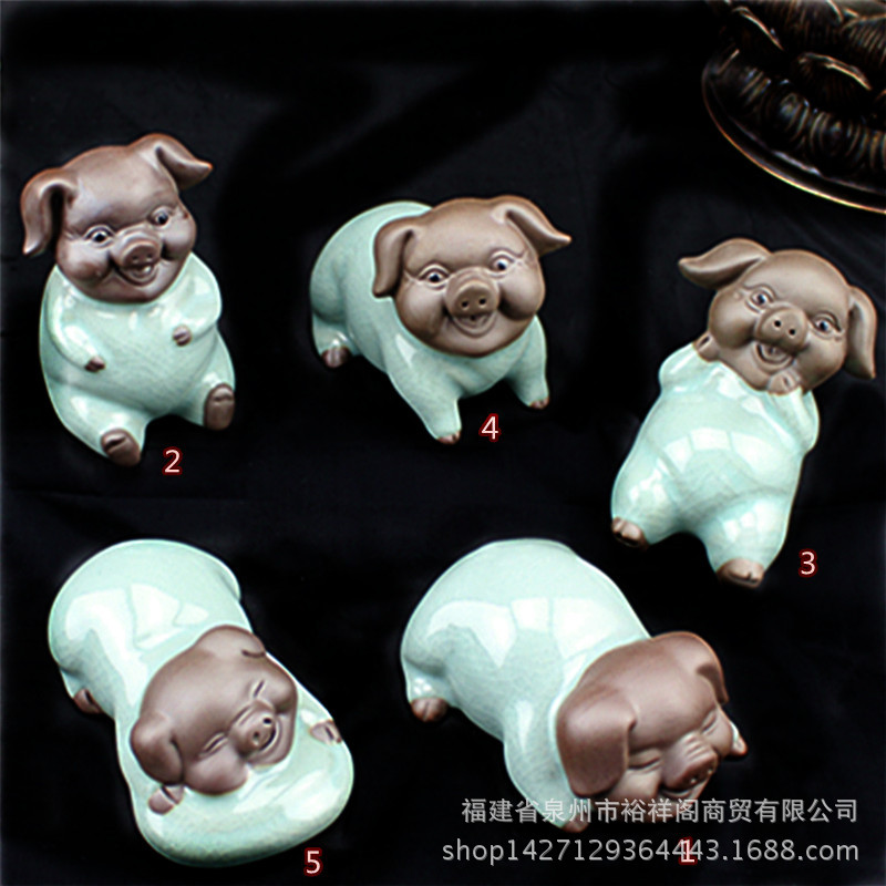 纳福客厅家居饰品五福猪哥窑摆件青瓷陶瓷卡通动物工艺品厂家直批|ru