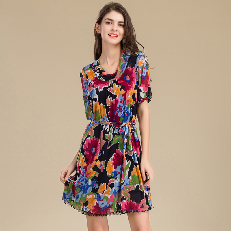 Luxury Silk Mesh Dress 100 Mulberry Silk Floral Print Plus Size Mid Length Summer Fashion Wholesale Available