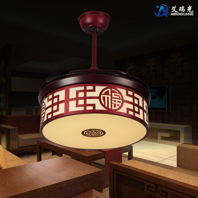 中式LED隐形吊扇灯 复古客厅书房卧室餐厅吊灯木艺风扇灯厂家直销