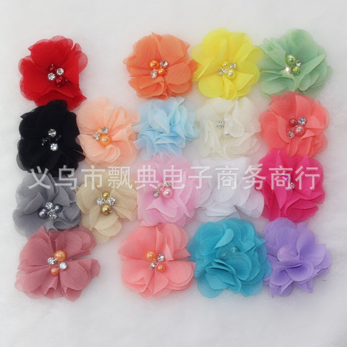 珍珠水钻雪纺花边花朵韩版雪纺发饰饰品配件头花辅料婚纱手工花朵