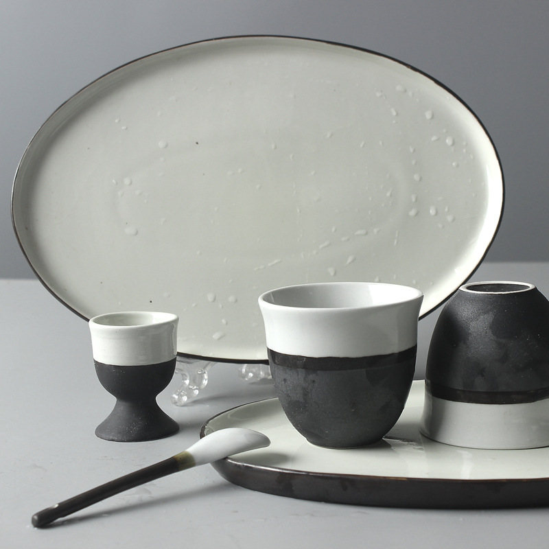 Creativo blanco y negro de cerámica vajilla traje restaurante tazón de arroz tazón de fideos hogar plato de cerámica ensalada taza