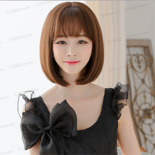 Japanese and Korean wig short hair female bobo head air bangs short straight hair sweet and cute face shaping personalized wig set