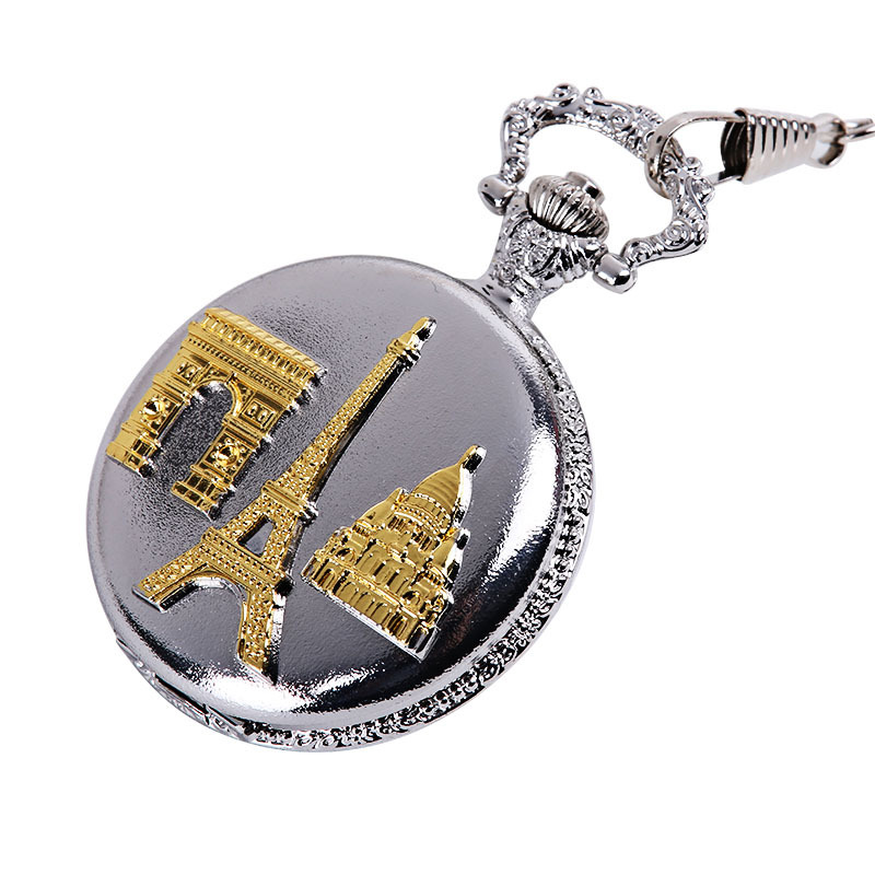 Large room gold embossed Paris three scenes vintage pocket watch Paris Tower classical pocket watch manufacturers wholesale