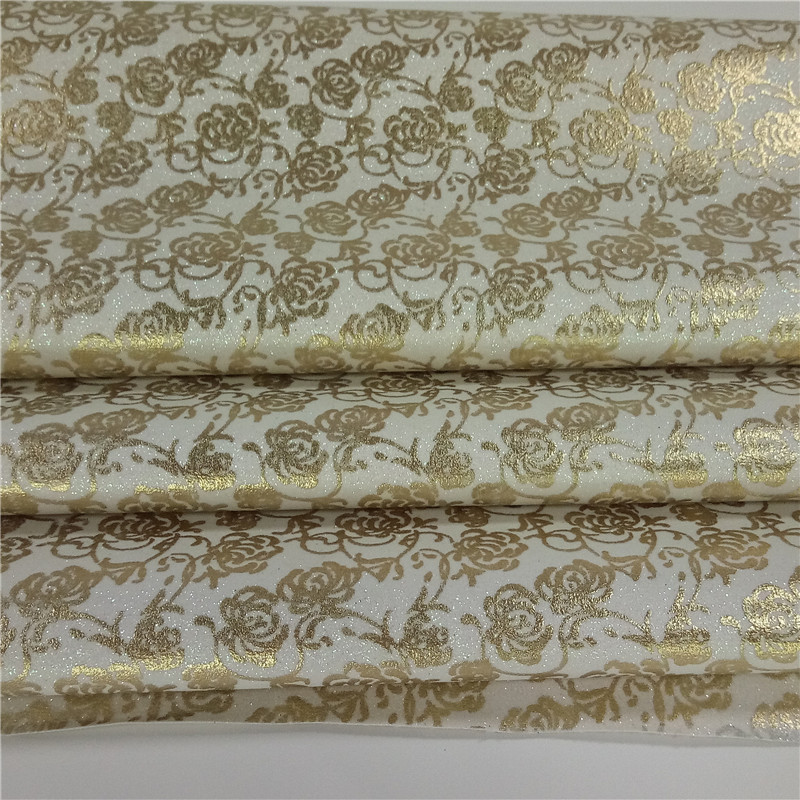 闪光金葱粉葱上葱印花  白色玫瑰图案水刺布底   金葱格利特皮革