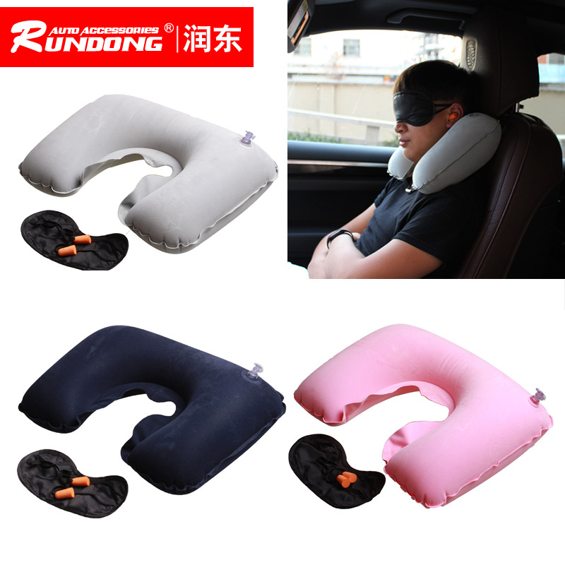 旅游三寶汽車枕植絨充氣護(hù)頸枕頭 旅行耳塞眼罩u型枕三件套R(shí)-6402