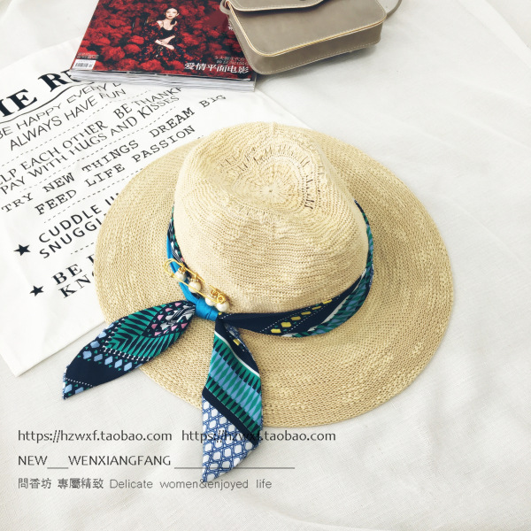 批发采购帽子-时尚别针丝带大沿遮阳帽子沙滩