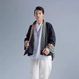 中式改良新款男装 中国风复古亚麻开衫外套拼布民族风春秋男风衣