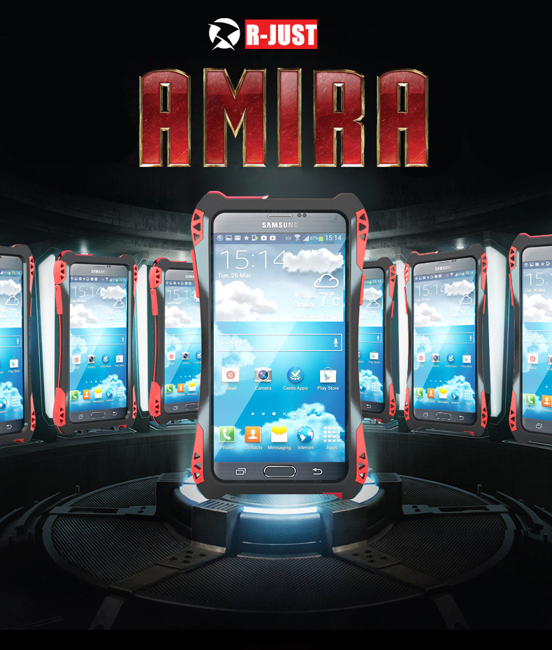 R-Just Amira Heavy Duty Dirtproof Shockproof Rainproof Aluminum Metal Bumper Carbon Fiber Back Cover Case for Samsung Galaxy Note 4 N9100