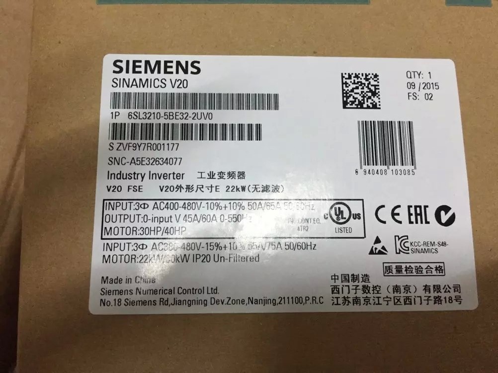 西门子V20变频器 3AC 400V 6SL3210-5BE32-2UV0 22KW 全新原装