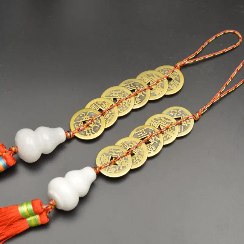 五色线五帝钱白玉葫芦红绳红穗手工编织居家客厅卧室装饰挂件