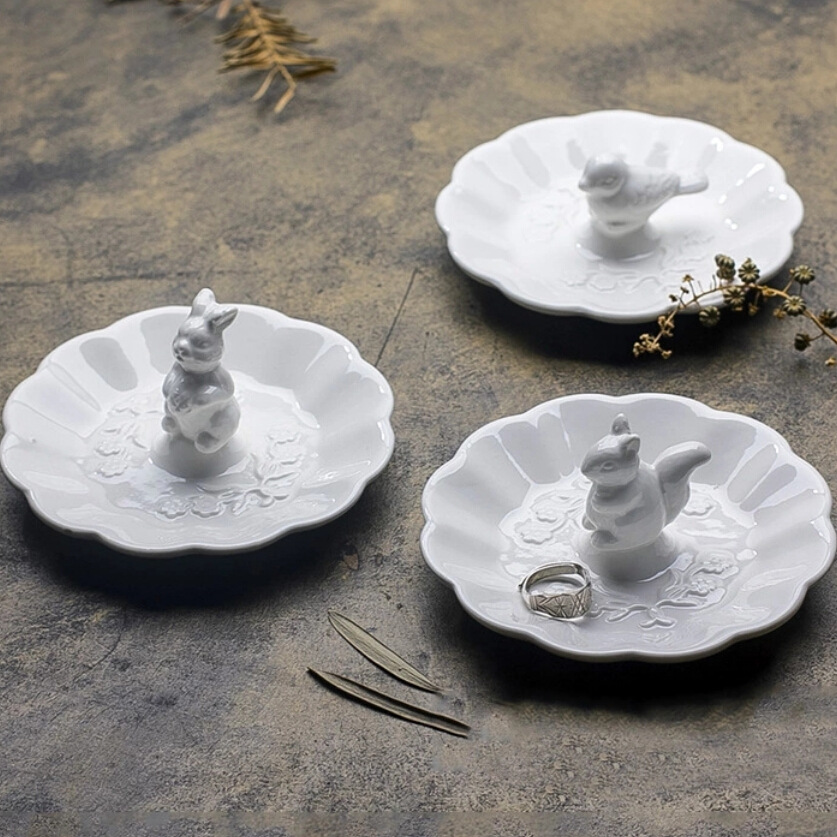 松鼠小鸟小兔花边碟子 三款混装 可爱小动物创意碟子  陶瓷杂货