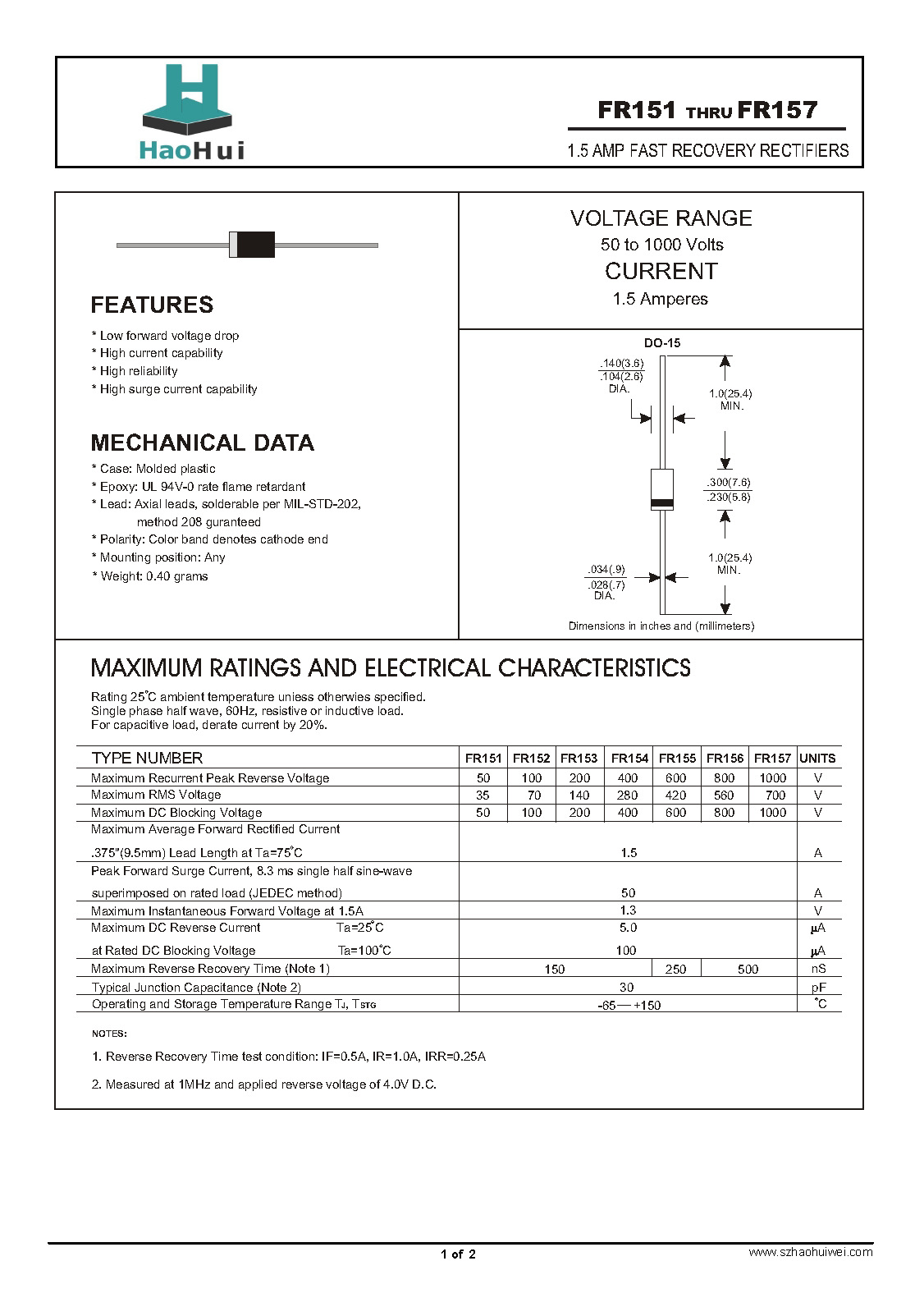 厂家供应插件FR157   DO-15(图) 快恢复二极管现货热销