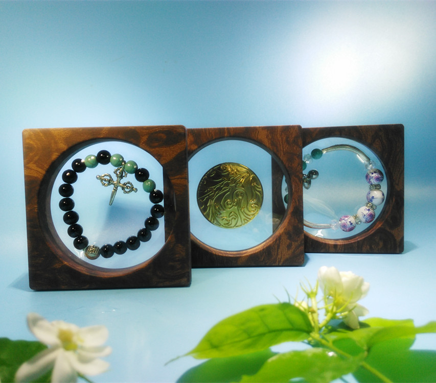 复古暗黄木纹90*90mm内圆首饰悬浮展示盒菩提手串佛珠文玩珠宝翡