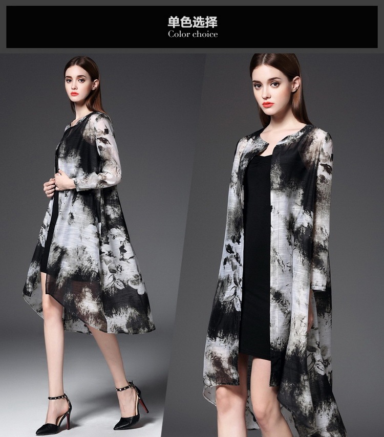 春夏新款 歐美復古 古典水墨印花拼接氣質薄外套