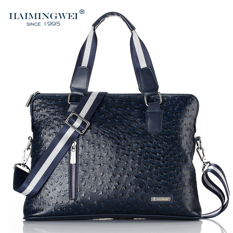 【热销】特价包邮新款时尚鸵鸟纹蓝色横款男士单肩包软韩版休闲包