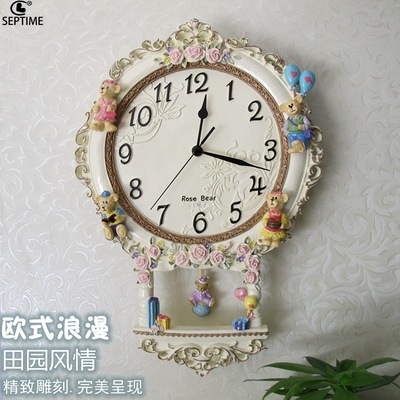 欧式静音树脂钟表玫瑰熊仔彩绘挂钟儿童时钟创意婚庆挂表一件代发|ms