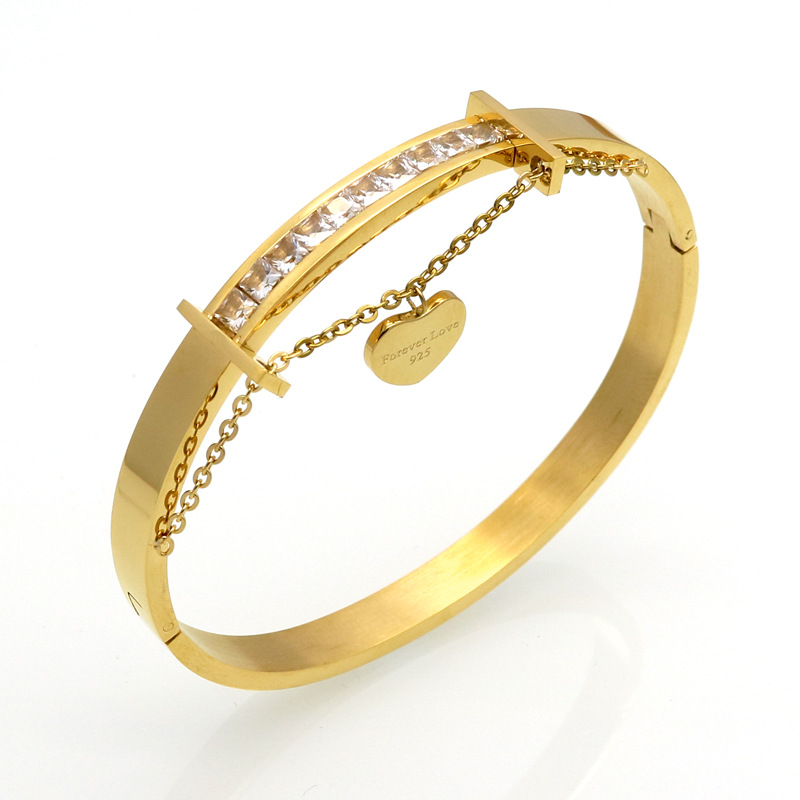 Heart Shape Pattern Vacuum Plating Real Gold Plated 18K Gold Heart Shape 304 Stainless Steel Titanium Steel Fashion Waterproof Non Tarnish 304 Stainless Steel Bangle