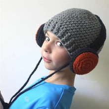 冬新款毛線帽兒童手工編織耳機造型帽子歐美針織男女嘻哈童帽潮范