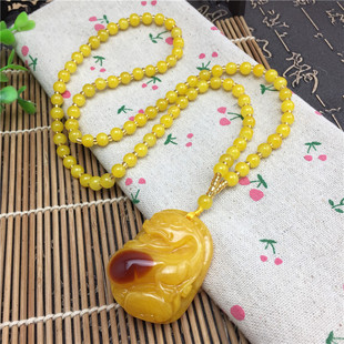 Blue Light Carved Red Dot Old Beeswax Necklace Women's Second Generation Yellow Amber Resin Imitation Beeswax Long Necklace