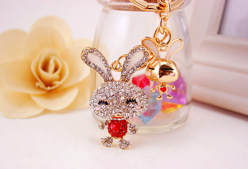 35g Weight Alloy, Metal Material Rabbit Pattern Unisex Gender Pink, Purple, Red, Blue, Peach Color Korean Creative Cute Diamond Cartoon Bunny Car Keychain 17