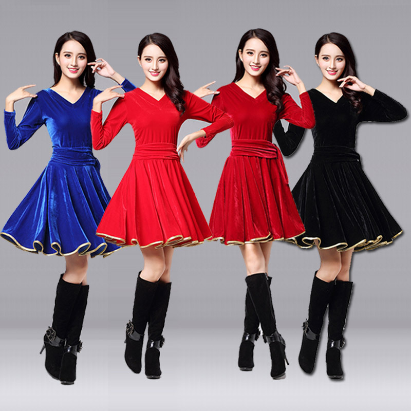 Women Black wine royal blue velvet latin Dance dress modern ballroom salsa  rumba chacha dance clothing square dance dress suit costumes