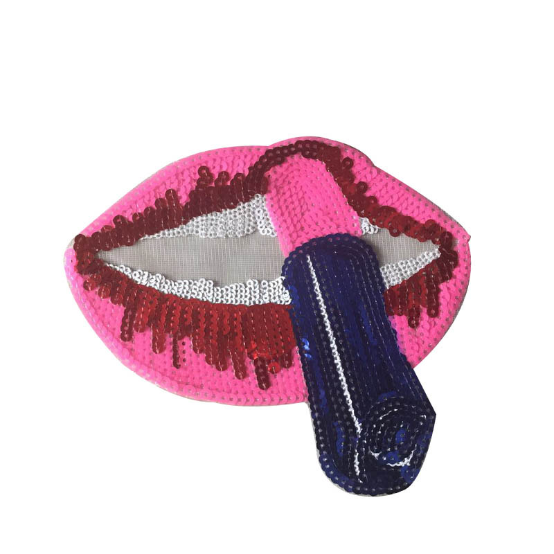 嘴唇珠片布贴唇膏亮片电脑刺绣补丁贴衣服diy漏洞贴服装辅料花个