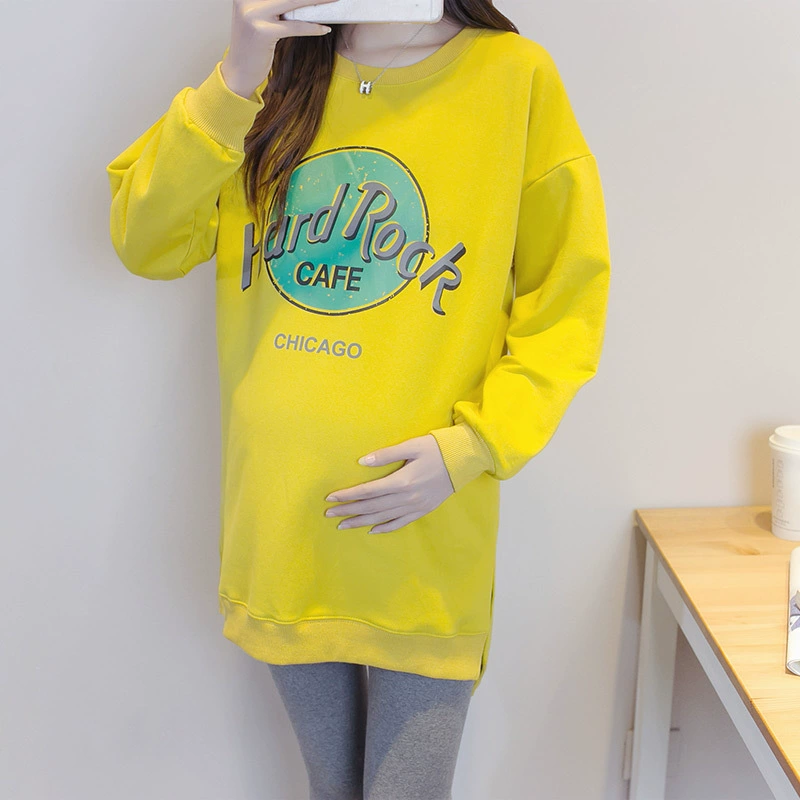 Demi-season long-sleeve for pregnant, fleece long sweatshirt, Korean style, increased thickness, mid-length, plus size