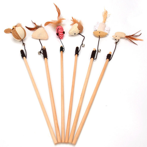 Wooden pole cat amusing stick, feather bell, linen mouse cat amusing toy, boredom relief interactive cat supplies wholesale