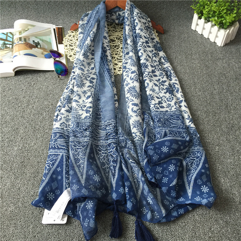 New Retro Ethnic Style Travel Silk Scarf Artistic Fresh Encryption Voile Blue And White Porcelain Tassel Scarf Shawl display picture 3