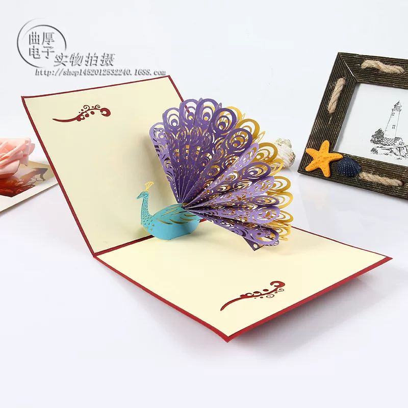 Three dimensional postcard, small cards, DIY, in 3d format, peacock, Birthday gift