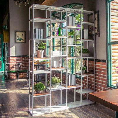 美式铁艺实木置物架 落地多层书房书架酒店咖啡复古厅陈列展示架