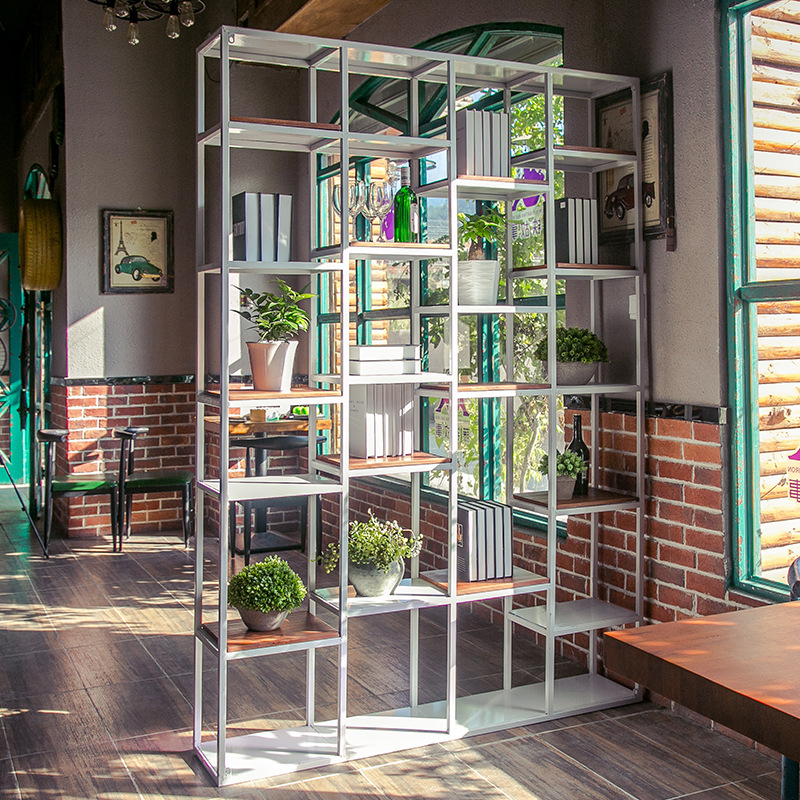 美式铁艺实木置物架 落地多层书房书架酒店咖啡复古厅陈列展示架