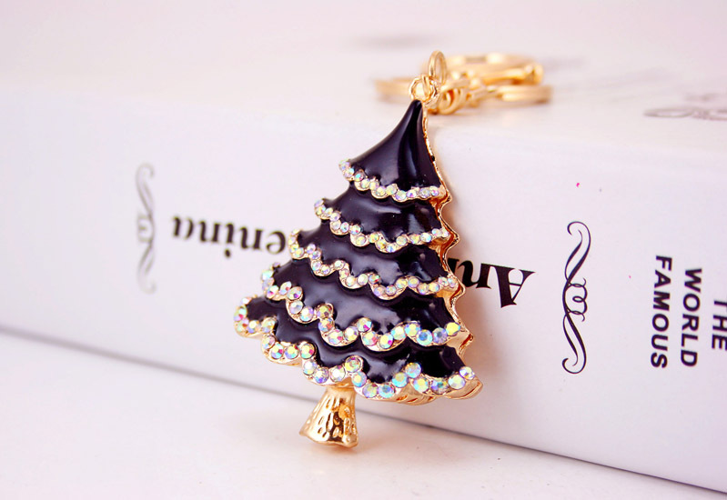 38g Weight Alloy, Metal Material Flower Pattern Unisex Gender Red, Green, Black Color Korean Oil Crafts Diamond-studded Christmas Tree Car Metal Pendant Bag Key Chain 4