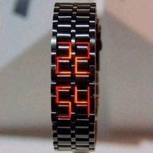 外貿時尚LED熔岩鋼帶手表紅燈男款金屬手表黑色銀色男士女士手表