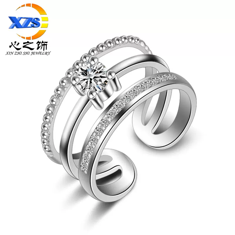 韩国新款三层开口镶钻戒指女潮人可调大小多层指环批发戒