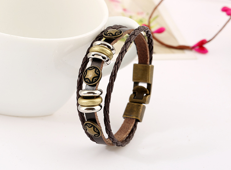 New Style Buckle Leather Jewelry Retro Alloy Pentagram Woven Leather Bracelet display picture 1