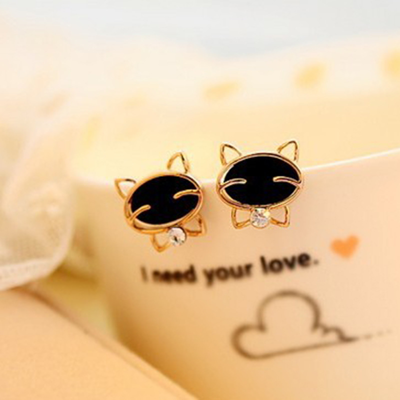 厂家直销 韩国时尚可爱黑色笑脸猫咪水钻高档精致耳钉耳饰 耳环女