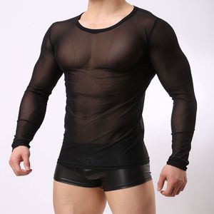 Men's tight-fitting white black mesh tops long-sleeved breathable round neck slimming sexy net gauze men's corset